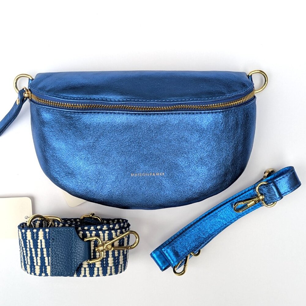 Crossbody Waist Bag Italian Genuine Leather Fanny Pack 2 Straps Metallic Blue